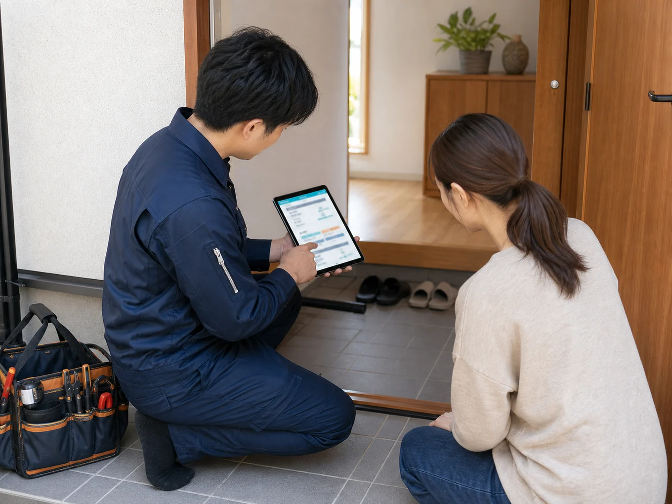 タブレットで相談内容を確認する住宅設備スタッフ