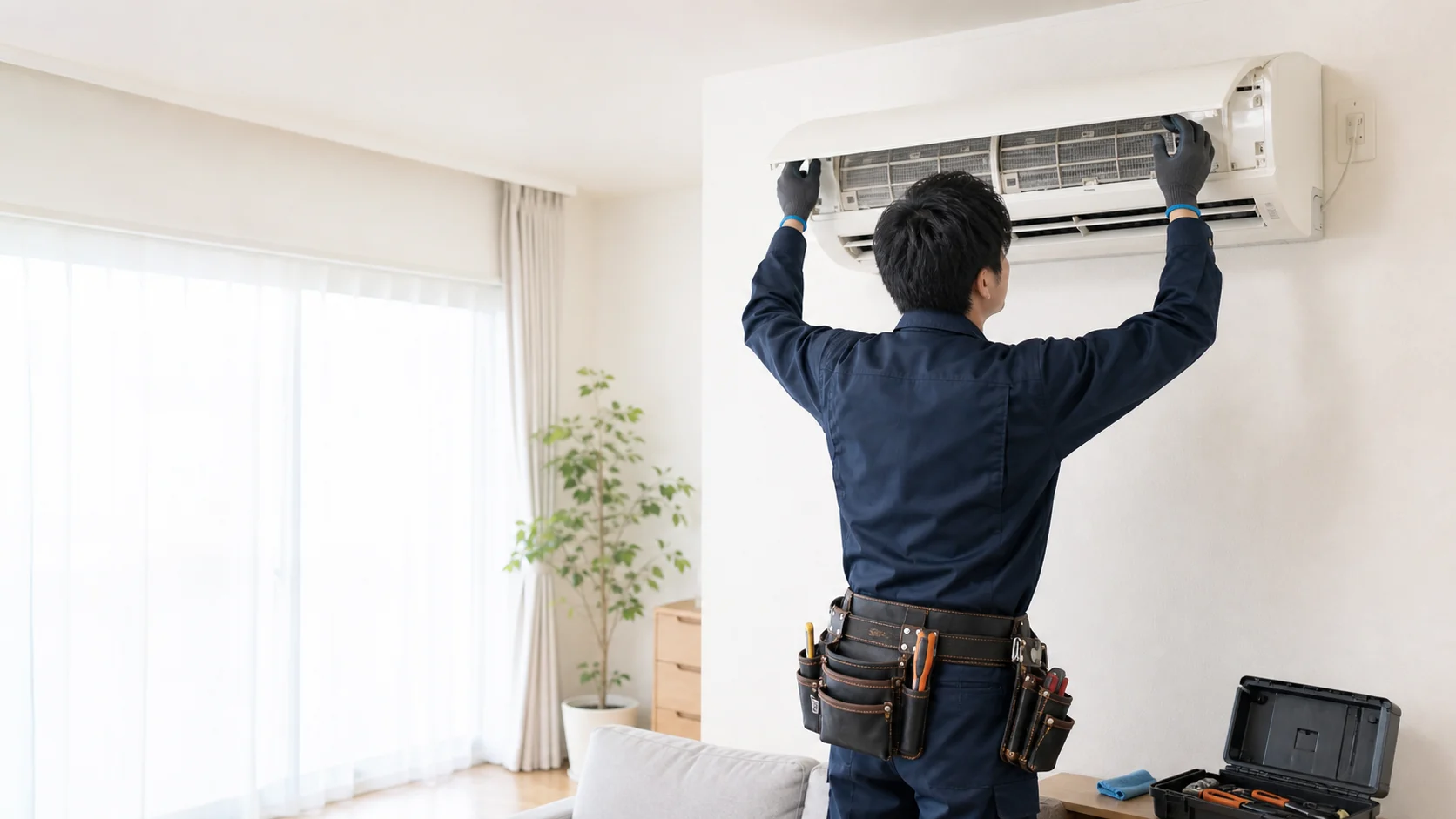 清潔な室内でエアコンを点検する住宅設備スタッフ
