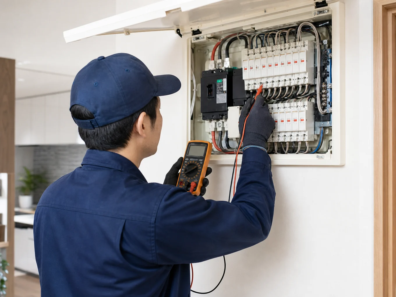 分電盤を確認する電気工事スタッフ