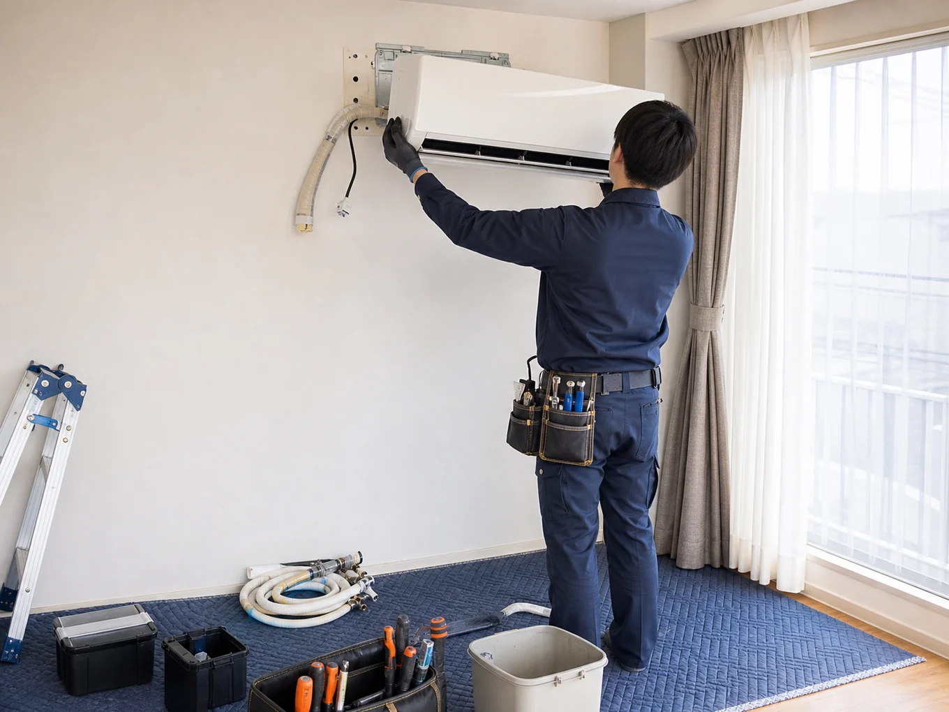 室内機を取り外す住宅設備スタッフ