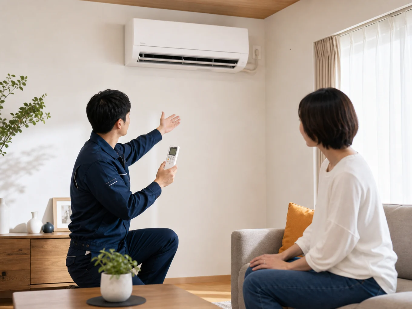 エアコンの操作説明を受ける利用者